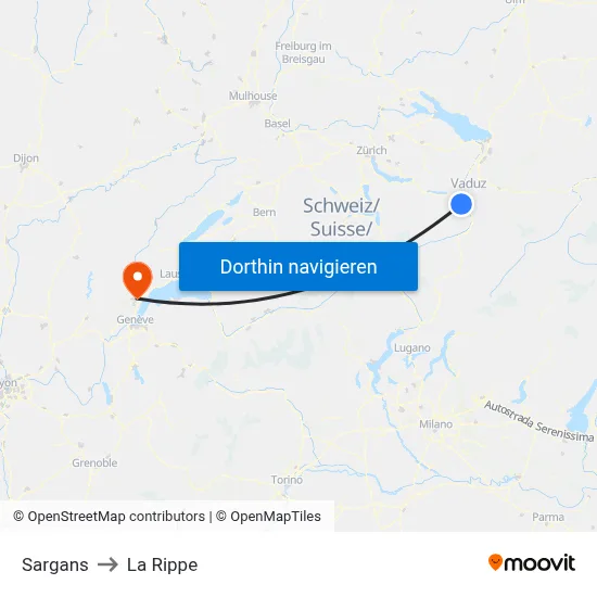 Sargans to La Rippe map