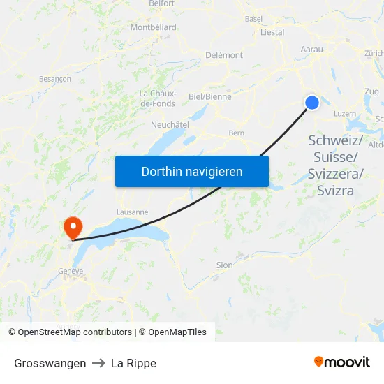 Grosswangen to La Rippe map