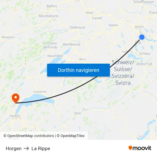 Horgen to La Rippe map