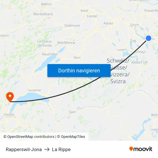 Rapperswil-Jona to La Rippe map