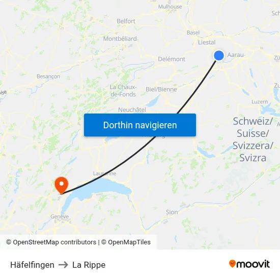Häfelfingen to La Rippe map