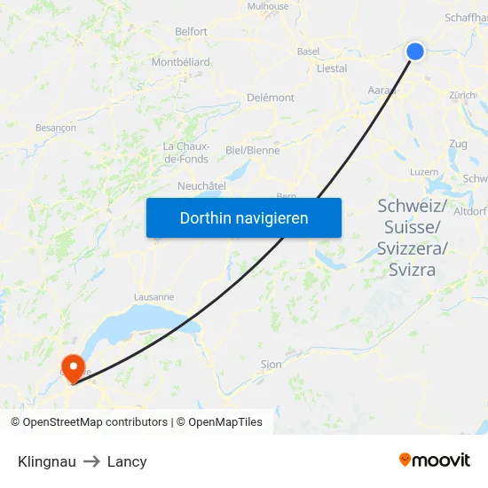 Klingnau to Lancy map