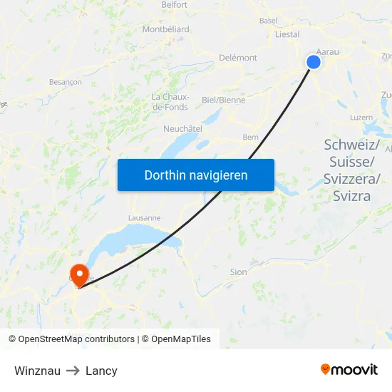 Winznau to Lancy map