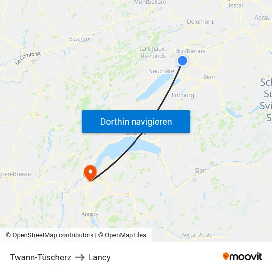 Twann-Tüscherz to Lancy map