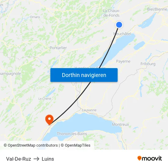Val-De-Ruz to Luins map