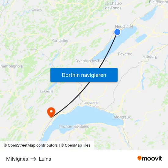 Milvignes to Luins map
