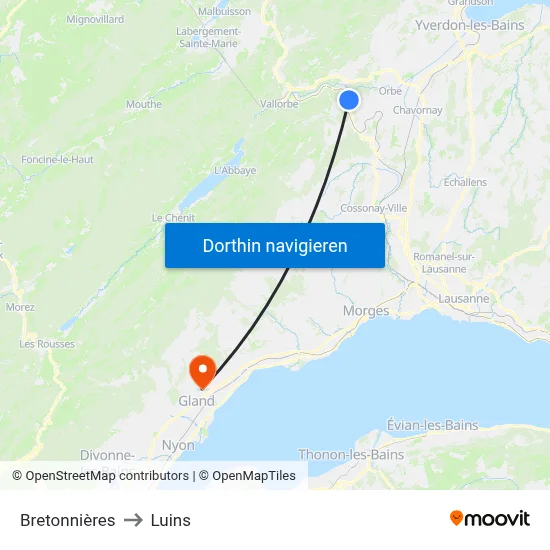 Bretonnières to Luins map
