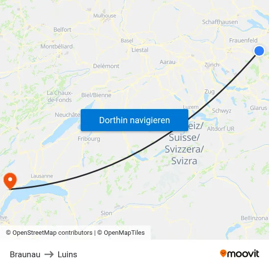 Braunau to Luins map