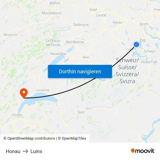 Honau to Luins map