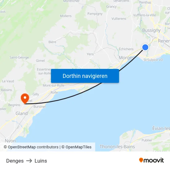 Denges to Luins map