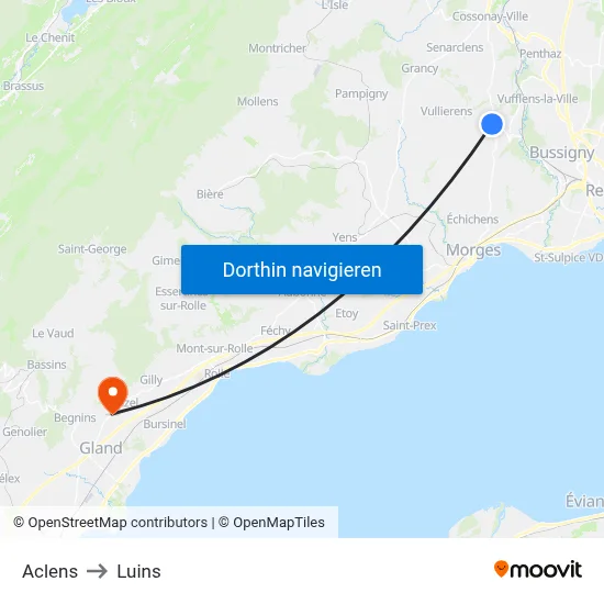 Aclens to Luins map