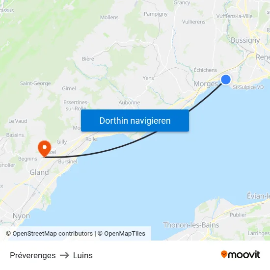 Préverenges to Luins map