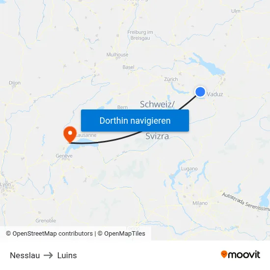 Nesslau to Luins map