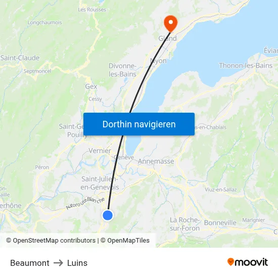 Beaumont to Luins map