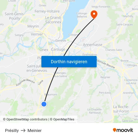 Présilly to Meinier map