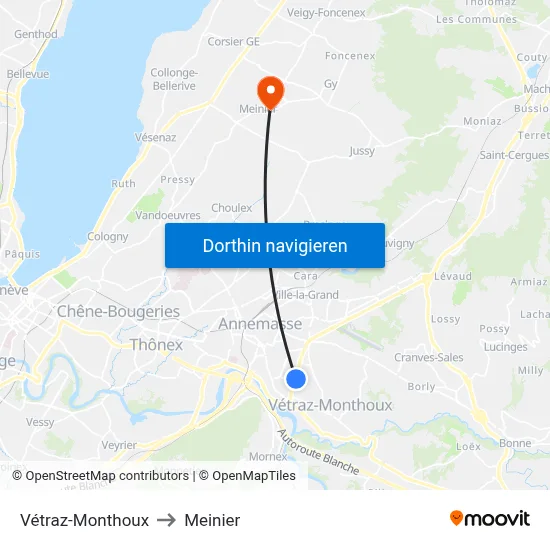 Vétraz-Monthoux to Meinier map