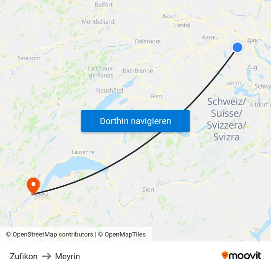 Zufikon to Meyrin map