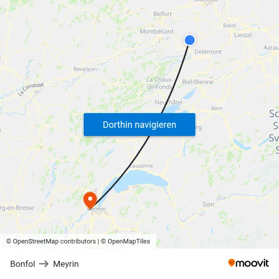 Bonfol to Meyrin map