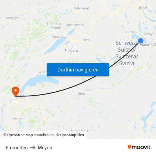 Emmetten to Meyrin map