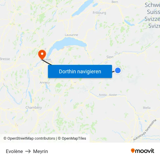 Evolène to Meyrin map