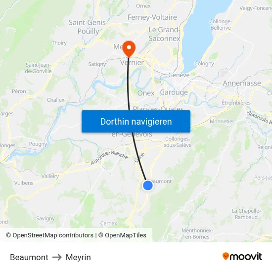 Beaumont to Meyrin map