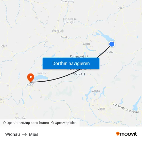 Widnau to Mies map