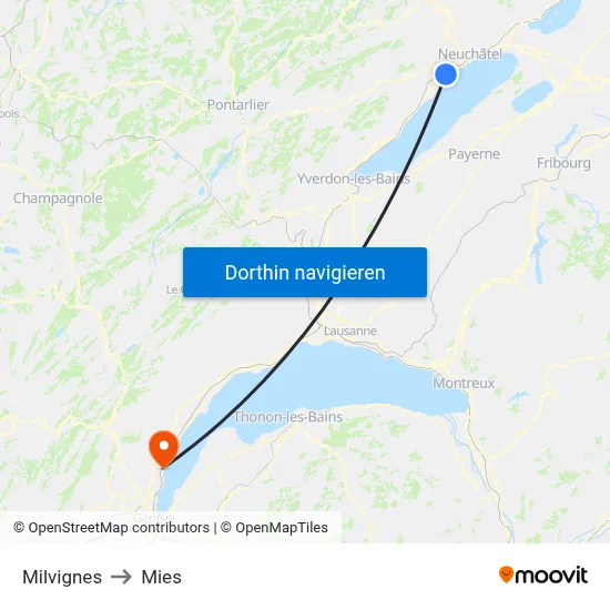 Milvignes to Mies map