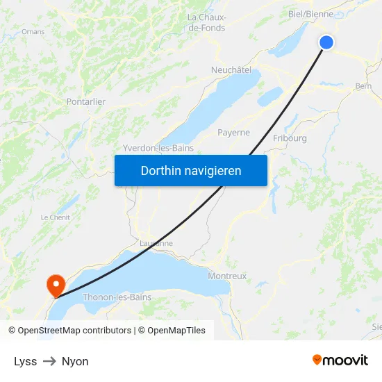 Lyss to Nyon map