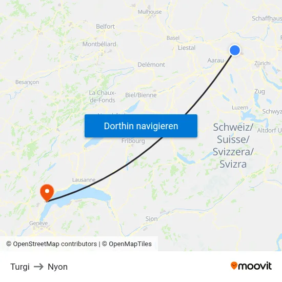 Turgi to Nyon map