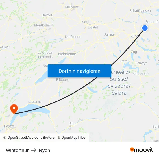 Winterthur to Nyon map