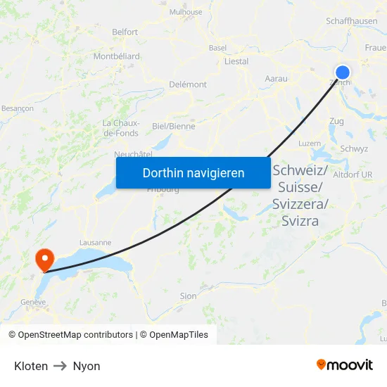 Kloten to Nyon map