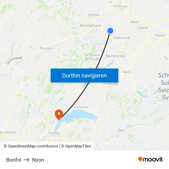 Bonfol to Nyon map
