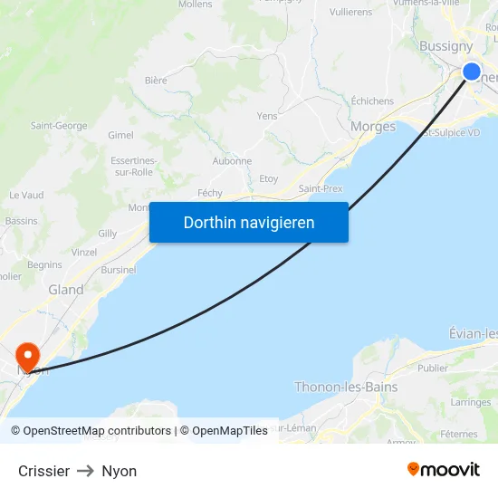Crissier to Nyon map