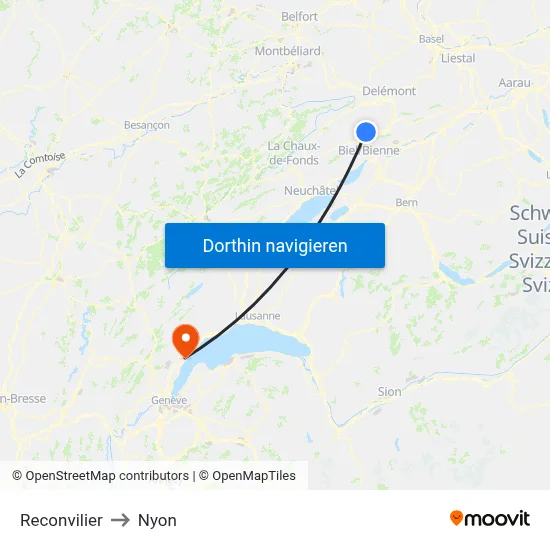 Reconvilier to Nyon map