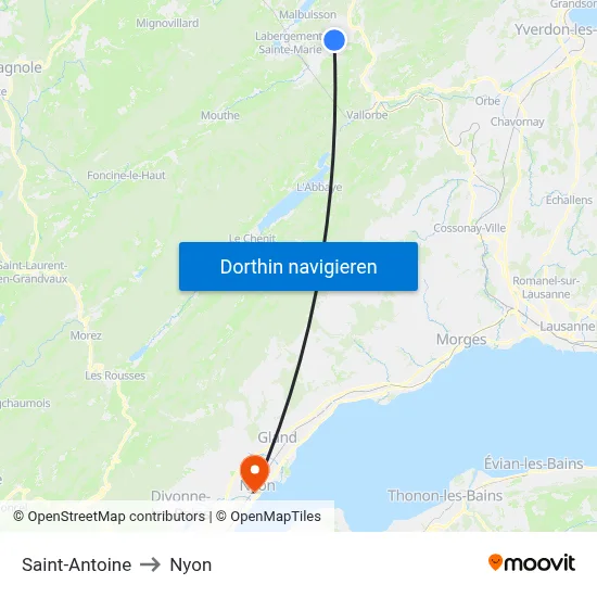Saint-Antoine to Nyon map