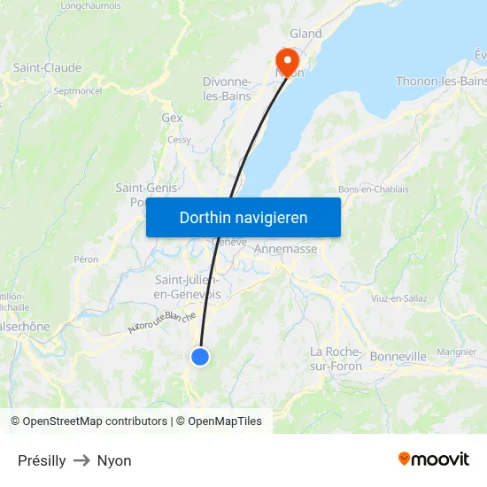 Présilly to Nyon map