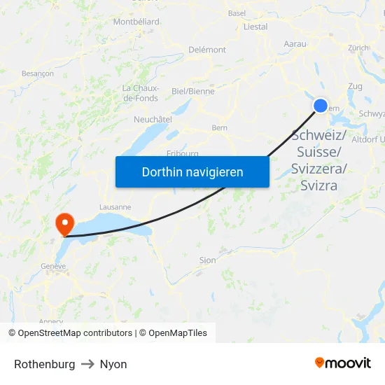 Rothenburg to Nyon map
