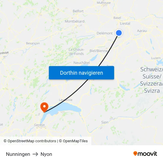 Nunningen to Nyon map