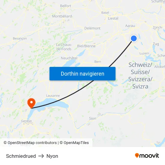 Schmiedrued to Nyon map