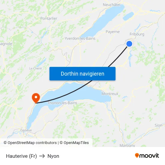 Hauterive (Fr) to Nyon map