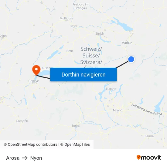 Arosa to Nyon map