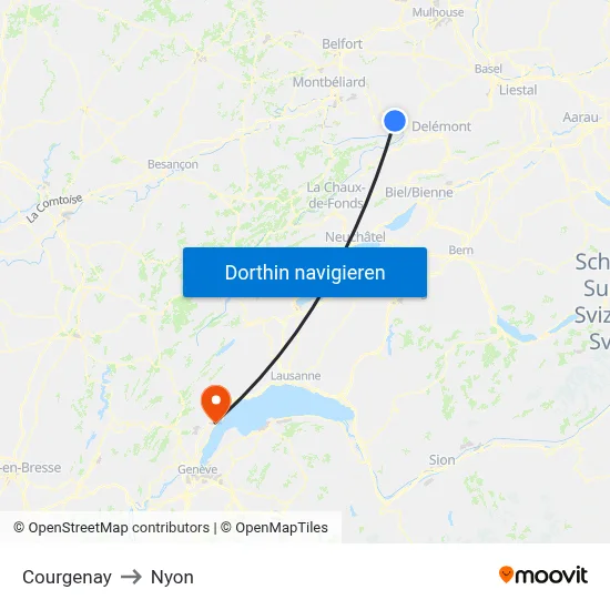 Courgenay to Nyon map