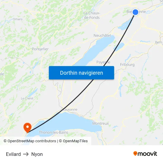 Evilard to Nyon map