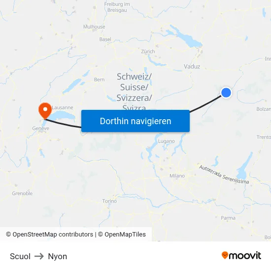 Scuol to Nyon map