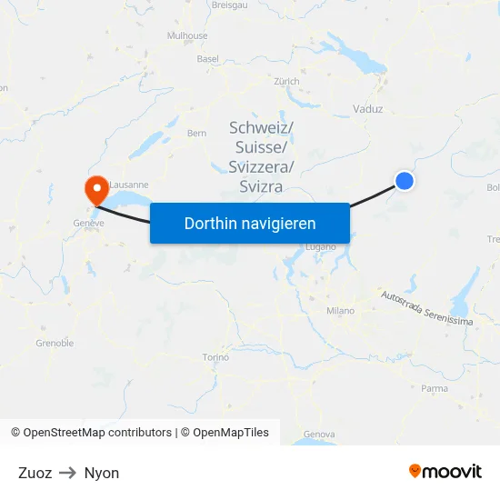 Zuoz to Nyon map