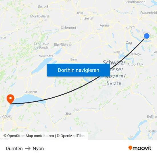 Dürnten to Nyon map