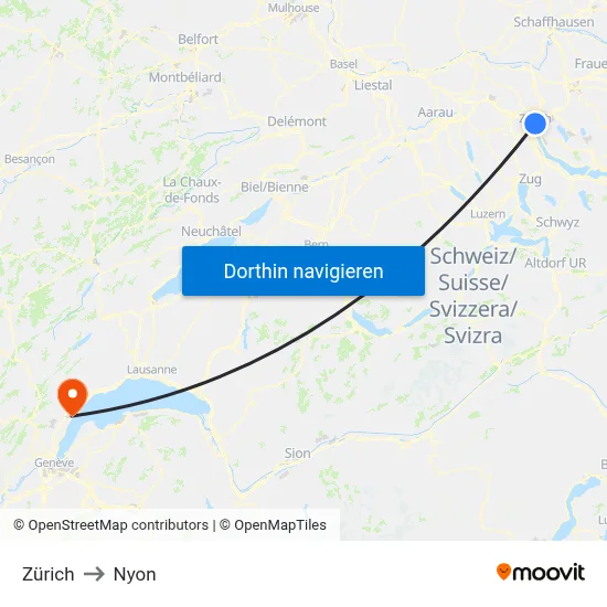 Zürich to Nyon map