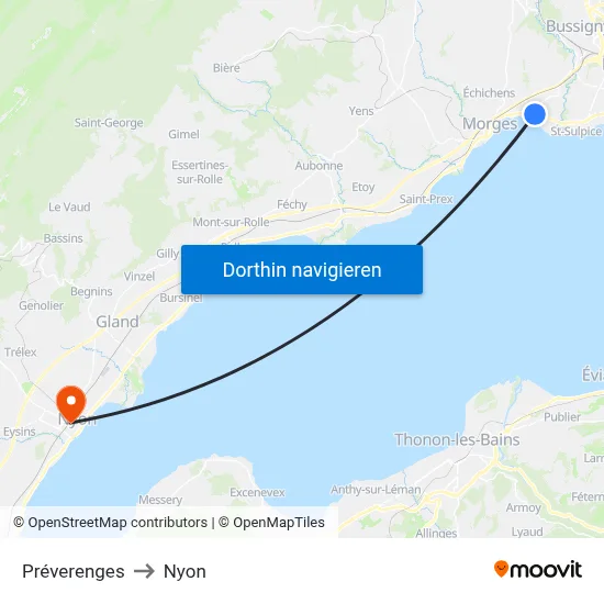 Préverenges to Nyon map