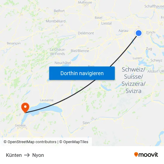Künten to Nyon map