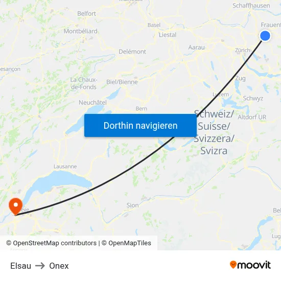 Elsau to Onex map